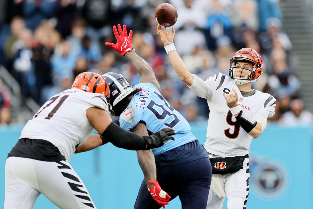 NASHVILLE, TENNESSEE - NOVEMBER 27: Joe Burrow #9 of the Cincinnati Bengals throws the ball during a game against the Tennessee Titans at Nissan Stadium on November 27, 2022 in Nashville, Tennessee. (Photo by Andy Lyons/Getty Images)