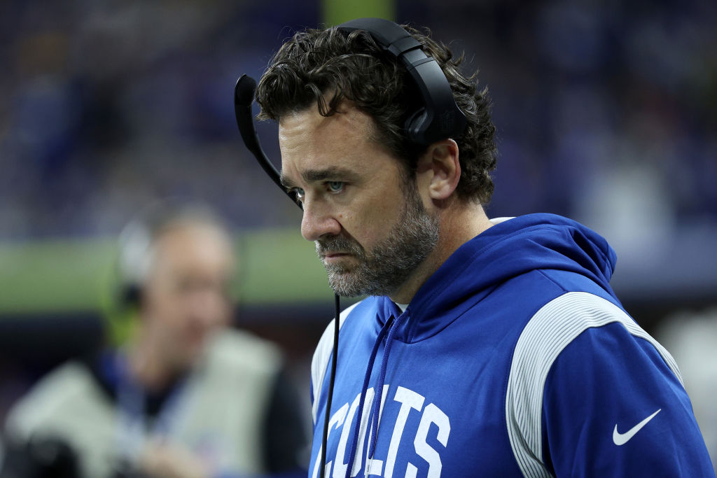 INDIANAPOLIS, INDIANA - NOVEMBER 28: Head coach Jeff Saturday of the Indianapolis Colts looks on against the Pittsburgh Steelers during the first quarter in the game at Lucas Oil Stadium on November 28, 2022 in Indianapolis, Indiana. (Photo by Michael Hickey/Getty Images)