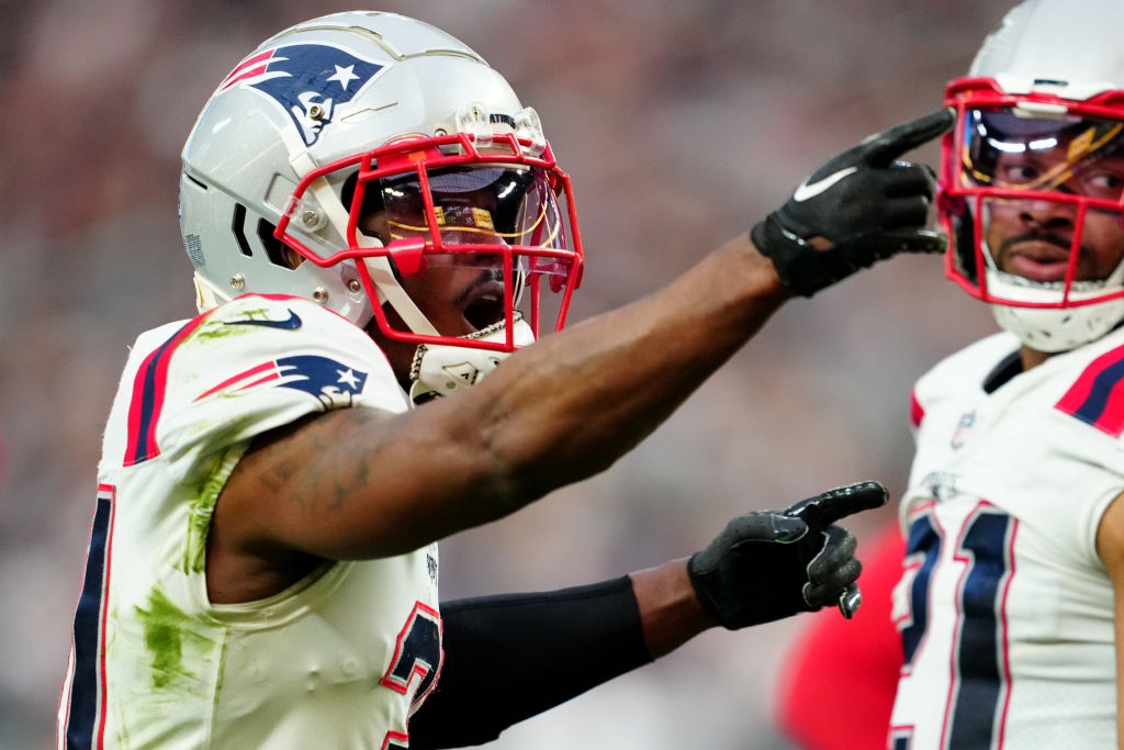 LAS VEGAS, NEVADA - DECEMBER 18: Jonathan Jones #31 of the New England Patriots reacts during the first half against the Las Vegas Raiders at Allegiant Stadium on December 18, 2022 in Las Vegas, Nevada. (Photo by Jeff Bottari/Getty Images)