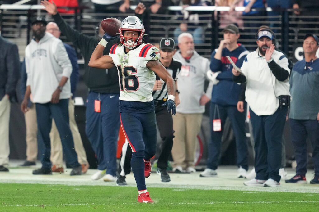 Dec 18, 2022; Paradise, Nevada, USA; New England Patriots wide receiver Jakobi Meyers (16) looks to pass the ball against the Las Vegas Raiders at the end of the second half at Allegiant Stadium. Credit: Stephen R. Sylvanie-USA TODAY Sports