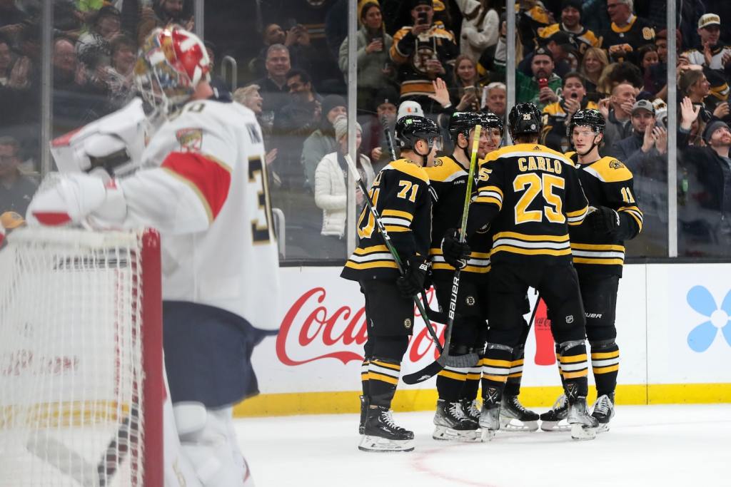 Dec 19, 2022; Boston, Massachusetts, USA; The Boston Bruins celebrates after a goal during the first period against the Florida Panthers at TD Garden. Mandatory Credit: Paul Rutherford/USA TODAY Sports