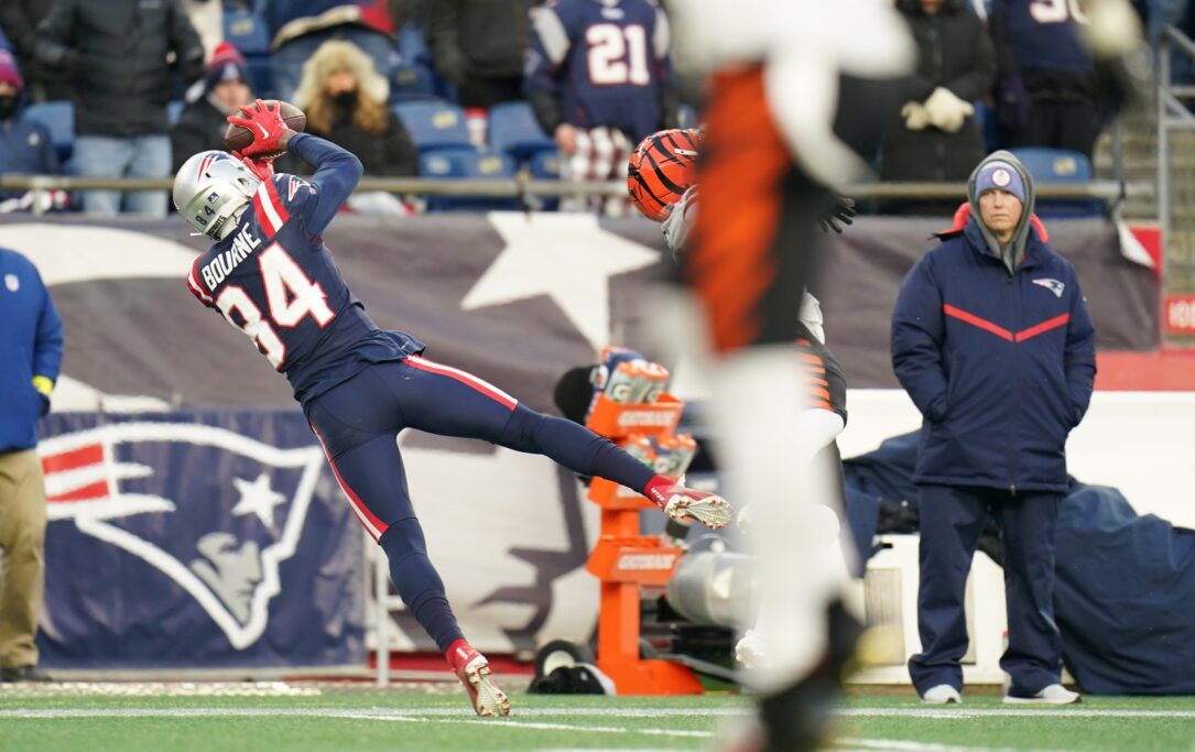 Dec 24, 2022; Foxborough, Massachusetts, USA; New England Patriots wide receiver Kendrick Bourne (84) makes the catch against the Cincinnati Bengals in the fourth quarter at Gillette Stadium. Credit: David Butler II-USA TODAY Sports