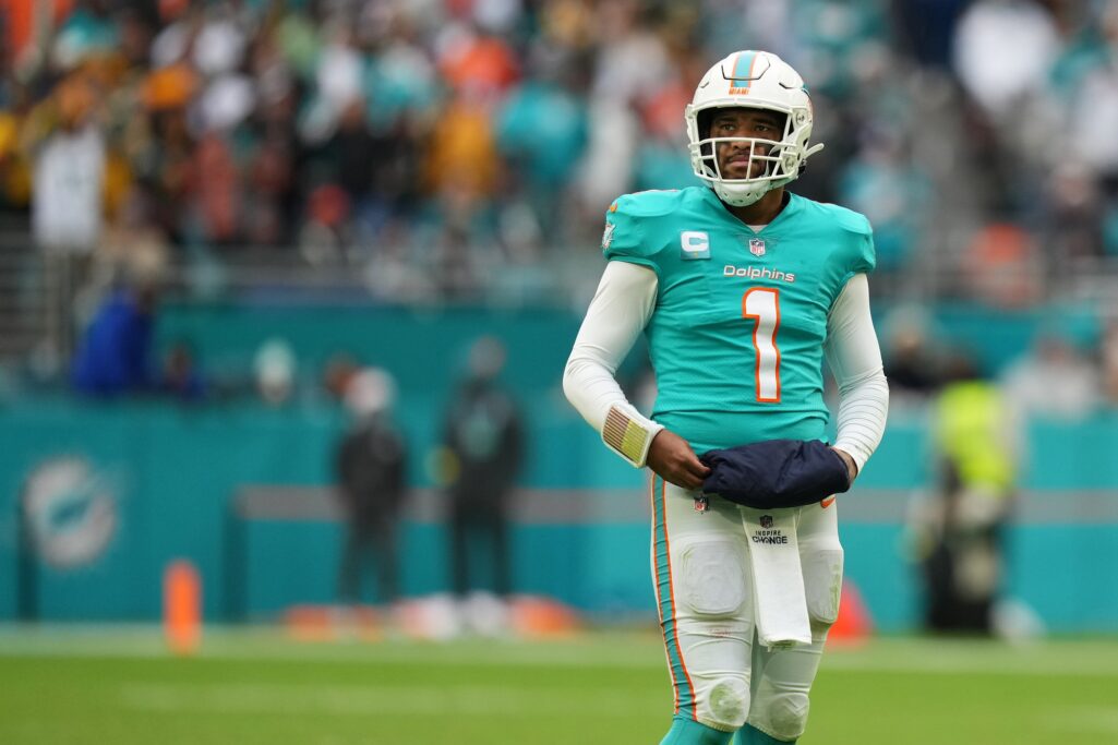 Dec 25, 2022; Miami Gardens, Florida, USA; Miami Dolphins quarterback Tua Tagovailoa (1) stands on the field during the second half against the Green Bay Packers at Hard Rock Stadium. Credit: Jasen Vinlove-USA TODAY Sports