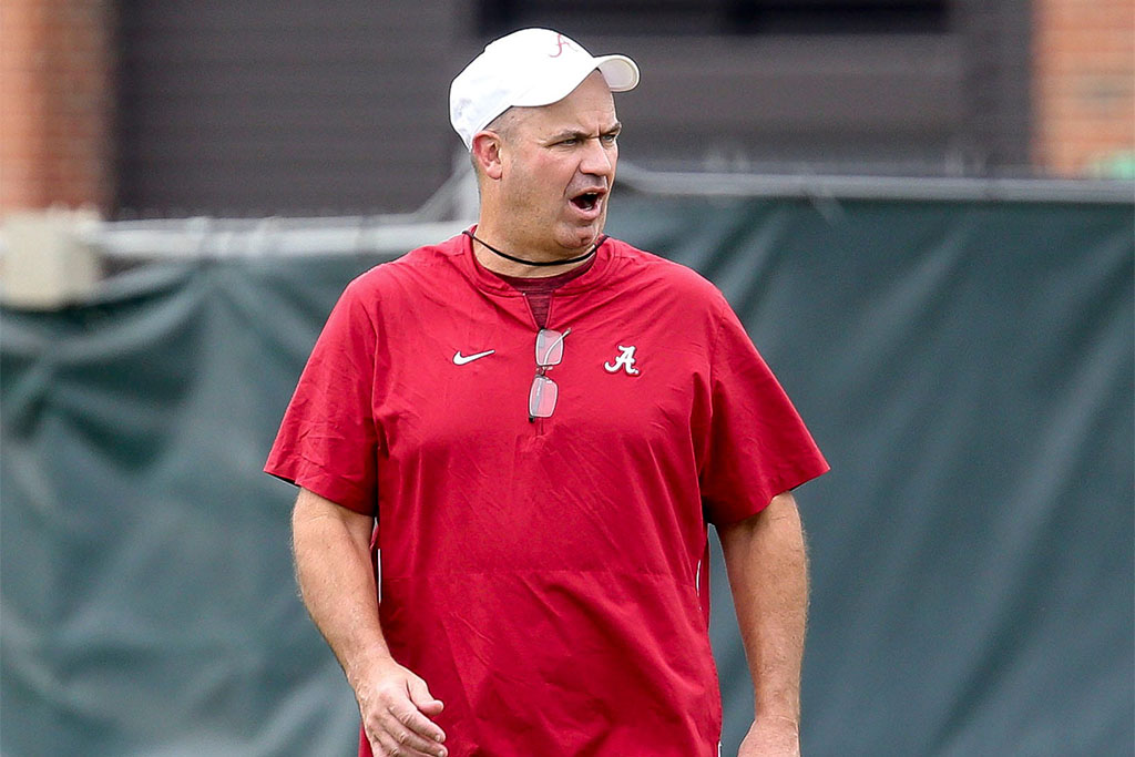 New offensive coordinator Bill O'Brien watches the quarterbacks work during practice. The Alabama Crimson Tide opened practice for the 2021 season as they prepare to defend the 2020 National Championship Friday, Aug. 6, 2021. [Staff Photo/Gary Cosby Jr.] Alabama First Practice