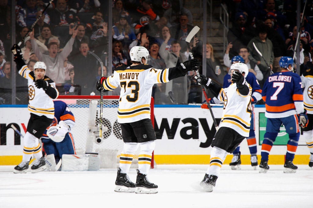 ELMONT, NEW YORK - JANUARY 18: Charlie McAvoy #73 of the Boston Bruins celebrates his second period goal against the New York Islanders at UBS Arena on January 18, 2023 in Elmont, New York. (Photo by Bruce Bennett/Getty Images)