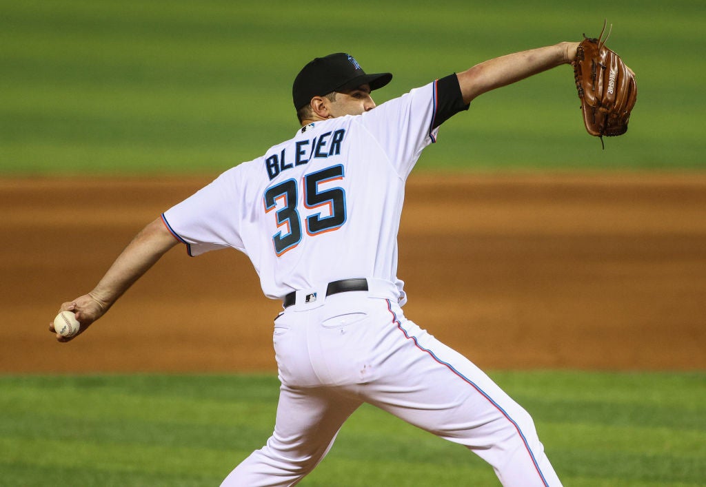 MIAMI, FLORIDA - APRIL 06: Richard Bleier #35 of the Miami Marlins delivers a pitch in the ninth inning against the St. Louis Cardinals at loanDepot park on April 06, 2021 in Miami, Florida. (Photo by Mark Brown/Getty Images)