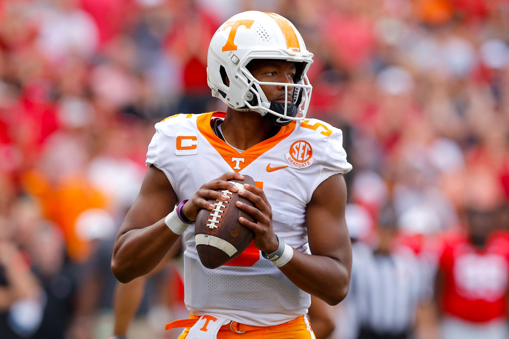 ATHENS, GEORGIA - NOVEMBER 05: Hendon Hooker #5 of the Tennessee Volunteers looks to pass against the Georgia Bulldogs during the first quarter at Sanford Stadium on November 05, 2022 in Athens, Georgia. (Photo by Todd Kirkland/Getty Images)