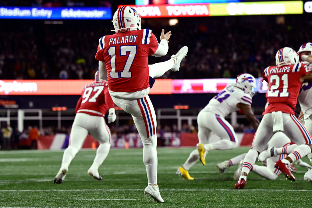 FOXBOROUGH, MA - DECEMBER 01: Michael Palardy #17 of the New England Patriots punts the ball during a game against the Buffalo Bills at Gillette Stadium on December 01, 2022 in Foxborough, Massachusetts. (Photo by Billie Weiss/Getty Images)