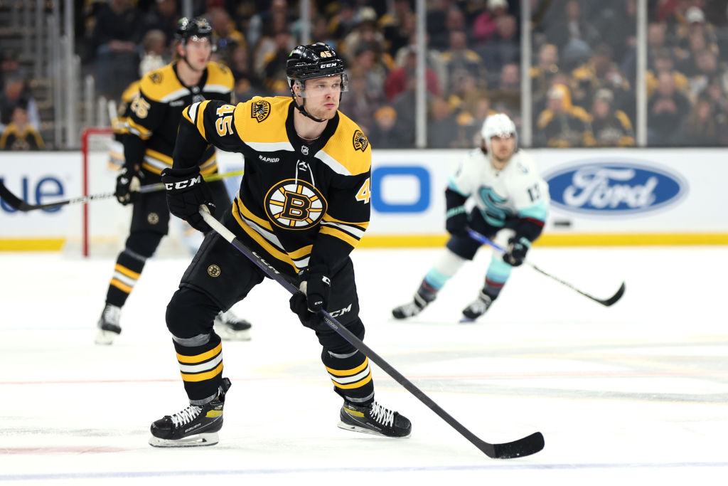 BOSTON, MASSACHUSETTS - JANUARY 12: Joona Koppanen #45 of the Boston Bruins skates against the Seattle Kraken in his first NHL game during the first period at TD Garden on January 12, 2023 in Boston, Massachusetts. (Photo by Maddie Meyer/Getty Images)