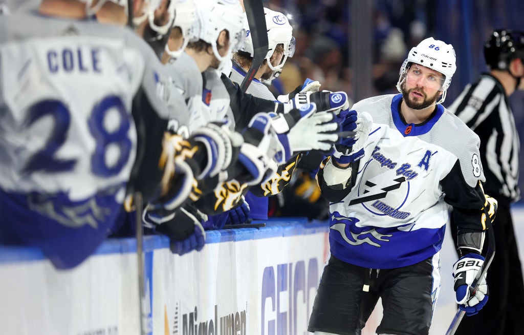 TAMPA, FLORIDA - JANUARY 26: Nikita Kucherov #86 of the Tampa Bay Lightning celebrates a goal in the third period during a game aagainst the Boston Bruins at Amalie Arena on January 26, 2023 in Tampa, Florida. (Photo by Mike Ehrmann/Getty Images )