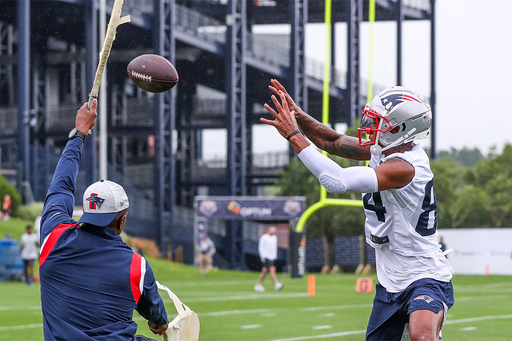 Jul 28, 2021; Foxborough, MA, United States; New England Patriots receiver Kendrick Bourne (84) catches a pass during training camp at Gillette Stadium. Mandatory Credit: Paul Rutherford-USA TODAY Sports