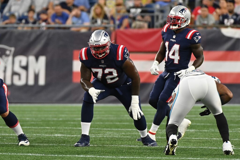 Aug 19, 2022; Foxborough, Massachusetts, USA; New England Patriots offensive tackle Yodny Cajuste (72) lines up during the first half of a preseason game against the Carolina Panthers at Gillette Stadium. Credit: Eric Canha-USA TODAY Sports