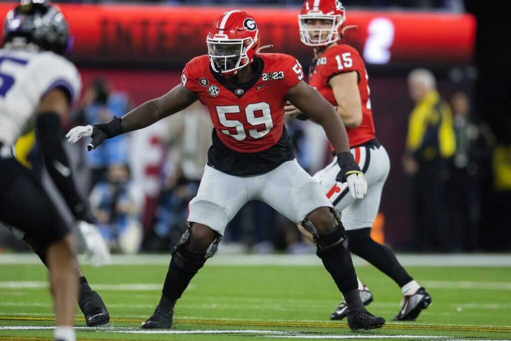 Jan 9, 2023; Inglewood, CA, USA; Georgia Bulldogs offensive lineman Broderick Jones (59) against the TCU Horned Frogs during the CFP national championship game at SoFi Stadium. Credit: Mark J. Rebilas-USA TODAY Sports