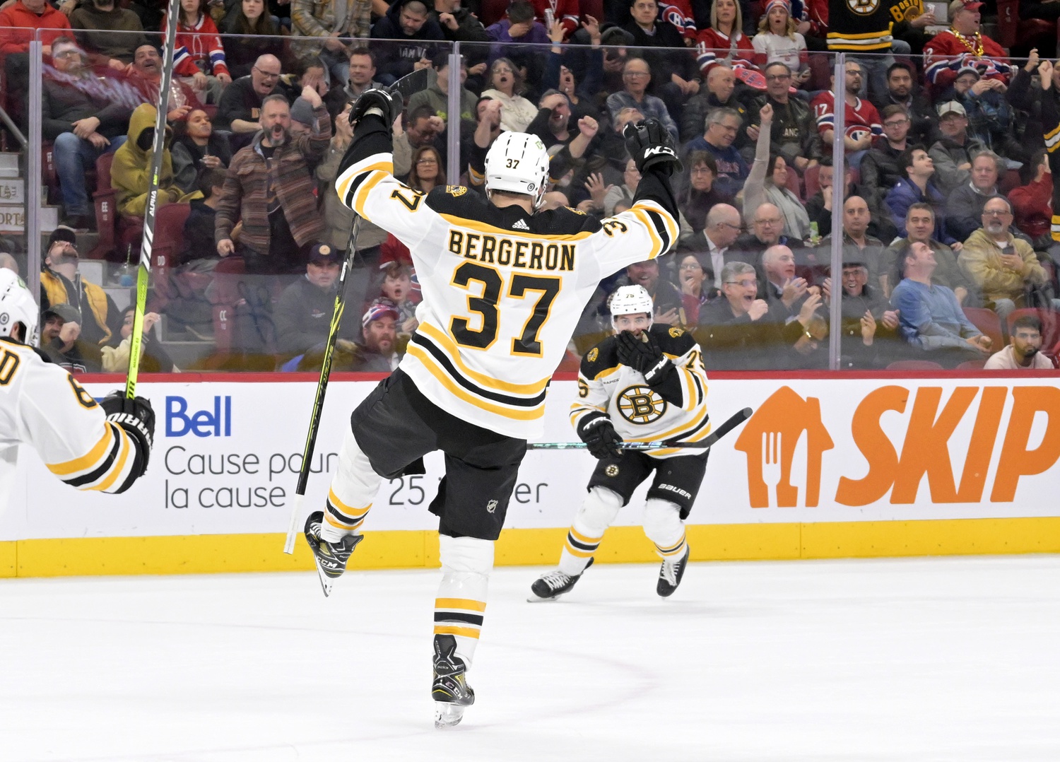 Jan 24, 2023; Montreal, Quebec, CAN; Boston Bruins forward Patrice Bergeron (37) celebrates after scoring a goal against the Montreal Canadiens during the third period at the Bell Centre. Mandatory Credit: Eric Bolte/USA TODAY Sport