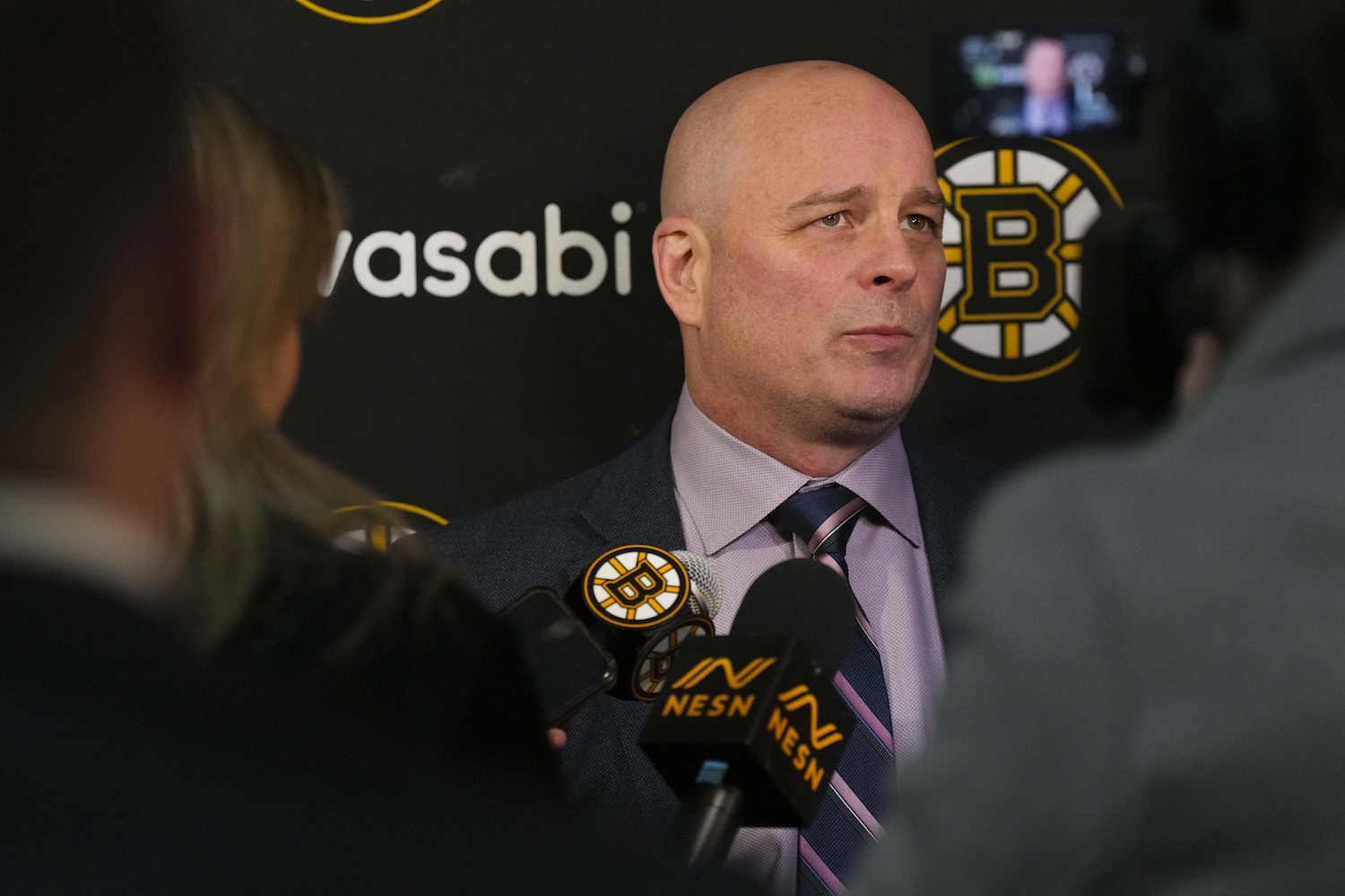 Jan 29, 2023; Raleigh, North Carolina, USA; Boston Bruins head coach Jim Montgomery talks to the press after the game against the Carolina Hurricanes at PNC Arena. Mandatory Credit: James Guillory/USA TODAY Sports