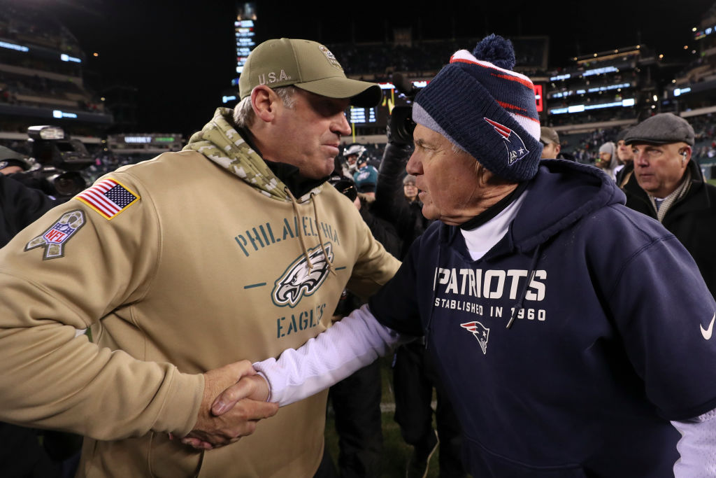 PHILADELPHIA, PA - NOVEMBER 17: Head coach Doug Pederson of the Philadelphia Eagles shakes hands with head coach Bill Belichick of the New England Patriots after the game at Lincoln Financial Field on November 17, 2019 in Philadelphia, Pennsylvania. The Patriots defeated the Eagles 17-10. (Photo by Mitchell Leff/Getty Images)