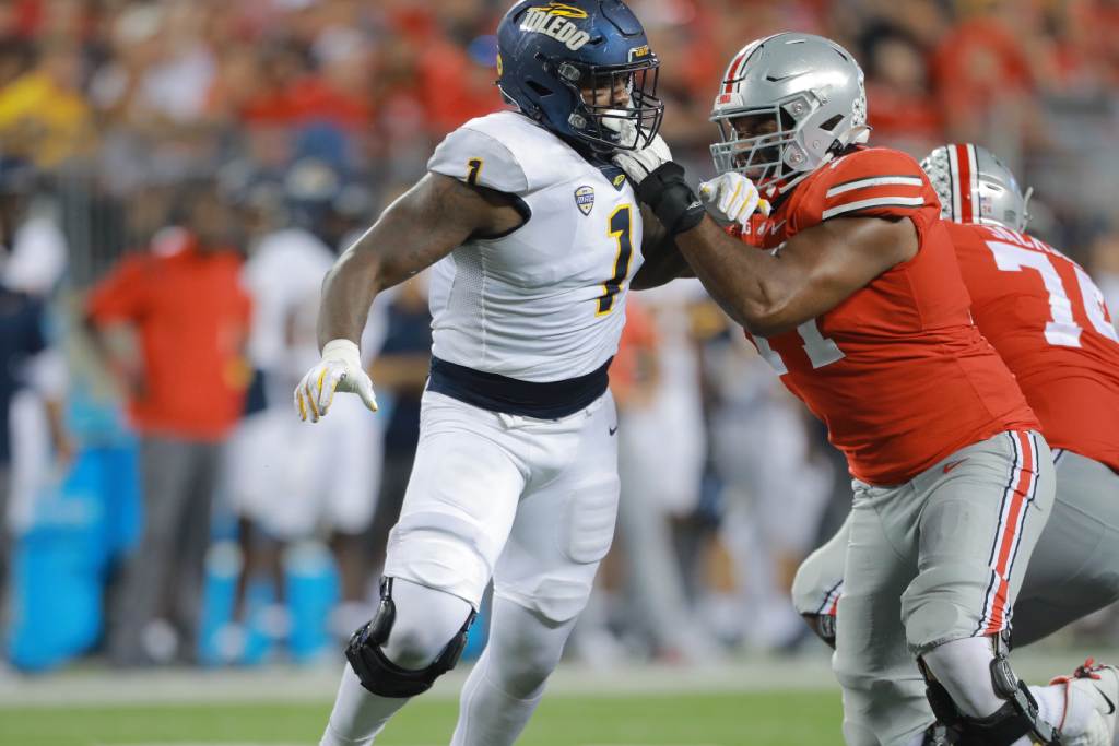 Toledo DL Desjuan Johnson in a game against Ohio State. (Credit: Toledo Athletics)