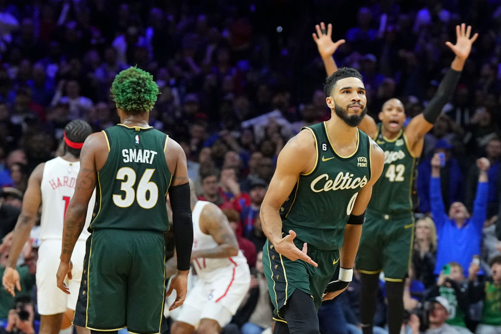 PHILADELPHIA, PA - FEBRUARY 25: Jayson Tatum #0 of the Boston Celtics reacts after making the game-winning three-point basket in the final seconds of the game against the Philadelphia 76ers at the Wells Fargo Center on February 25, 2023 in Philadelphia, Pennsylvania. The Celtics defeated the 76ers 110-107. (Photo by Mitchell Leff/Getty Images)