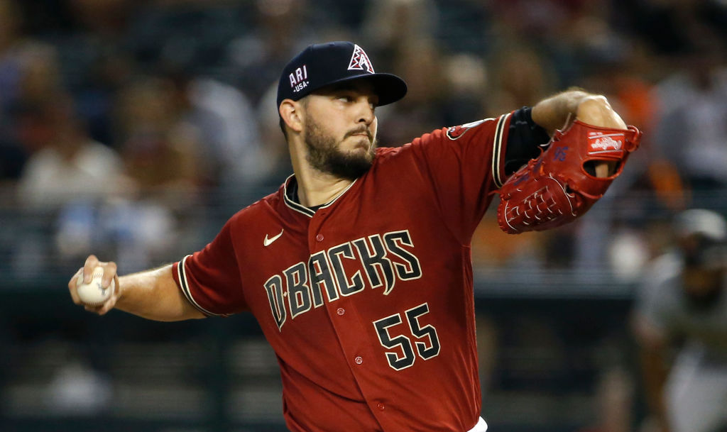 PHOENIX, ARIZONA - JULY 03: Starting pitcher Jake Faria #55 of the Arizona Diamondbacks throws against the San Francisco Giants during the first inning of the MLB game at Chase Field on July 03, 2021 in Phoenix, Arizona. (Photo by Ralph Freso/Getty Images)