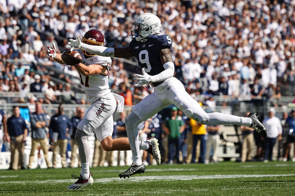 STATE COLLEGE, PA - SEPTEMBER 24: Cornerback Joey Porter Jr. #9 of the Penn State Nittany Lions breaks up a pass intended for wide receiver Finn Hogan #17 of the Central Michigan Chippewas during the second half at Beaver Stadium on September 24, 2022 in State College, Pennsylvania. (Photo by Scott Taetsch/Getty Images)