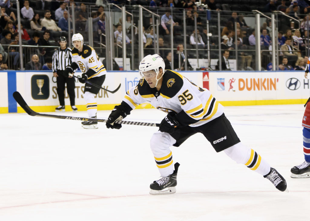 NEW YORK, NEW YORK - OCTOBER 05: Vinni Lettieri #95 of the Boston Bruins skates against the New York Rangers at Madison Square Garden on October 05, 2022 in New York City. The Bruins defeated the Rangers 5-4. (Photo by Bruce Bennett/Getty Images)