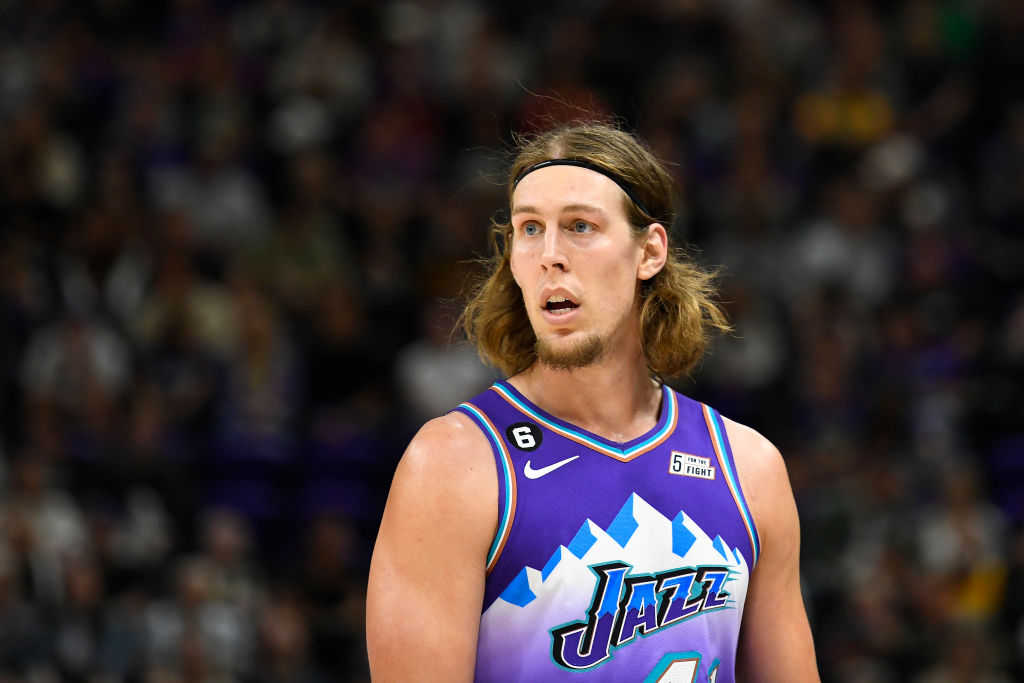 SALT LAKE CITY, UTAH - OCTOBER 19: Kelly Olynyk #41 of the Utah Jazz looks on during a game against the Denver Nuggets at Vivint Arena on October 19, 2022 in Salt Lake City, Utah. NOTE TO USER: User expressly acknowledges and agrees that, by downloading and or using this photograph, User is consenting to the terms and conditions of the Getty Images License Agreement. (Photo by Alex Goodlett/Getty Images)