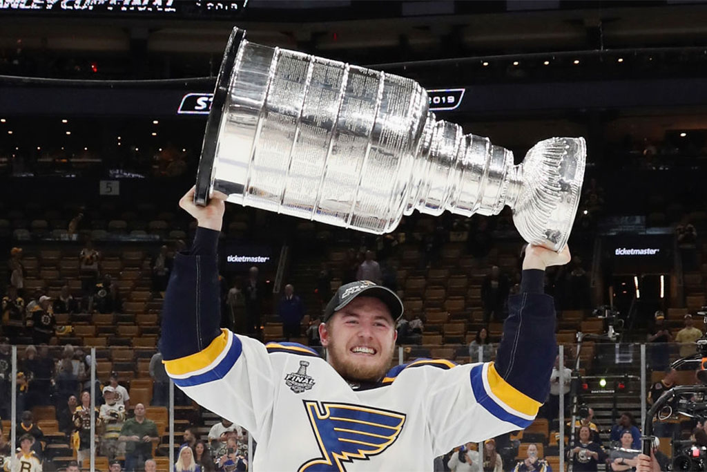 BOSTON, MASSACHUSETTS - JUNE 12: Ivan Barbashev #49 of the St. Louis Blues holds the Stanley Cup following the Blues victory over the Boston Bruins at TD Garden on June 12, 2019 in Boston, Massachusetts. (Photo by Bruce Bennett/Getty Images)