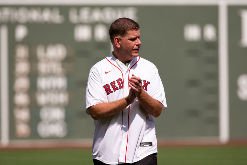 BOSTON, MA - SEPTEMBER 6: US Secretary of Labor Marty Walsh throws out the first pitch before a game between the Boston Red Sox and the Tampa Bay Rays at Fenway Park on September 6, 2021 in Boston, Massachusetts. (Photo by Rich Gagnon/Getty Images)