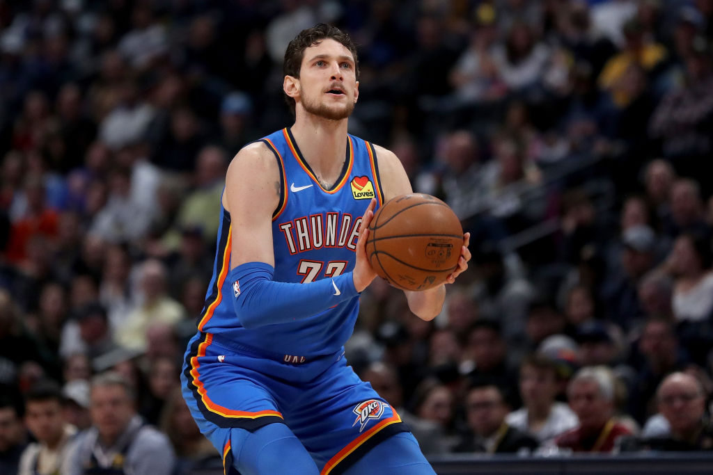 DENVER, COLORADO - DECEMBER 14: Mike Muscala #33 of the Oklahoma City Thunder puts up a shot against the Denver Nuggets in the second quarter at Pepsi Center on December 14, 2019 in Denver, Colorado. (Photo by Matthew Stockman/Getty Images)
