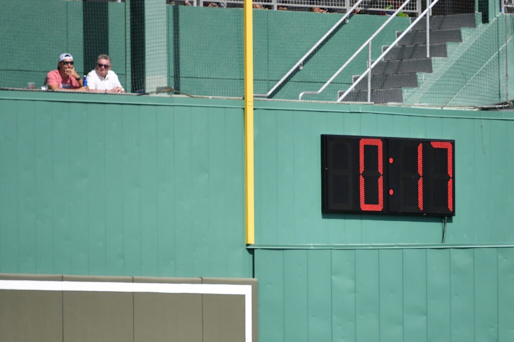Feb 24, 2019; Fort Myers, FL, USA; A general view of the pitch clock being used in a spring training game between the Boston Red Sox and the Minnesota Twins at JetBlue Park. Credit: Jasen Vinlove-USA TODAY Sports
