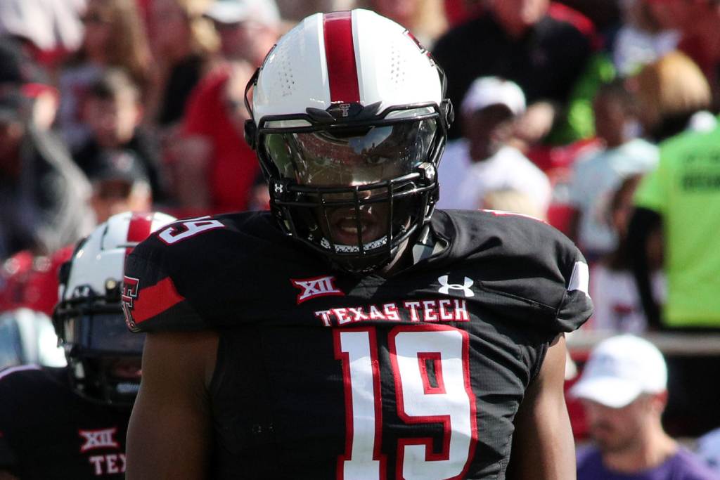 Oct 23, 2021; Lubbock, Texas, USA; Texas Tech Red Raiders defensive lineman Tyree Wilson (19) in the first half during the game against the Kansas State Wildcats at Jones AT&T Stadium. Credit: Michael C. Johnson-USA TODAY Sports