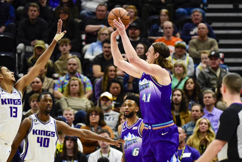 Jan 3, 2023; Salt Lake City, Utah, USA; Utah Jazz forward Kelly Olynyk (41) takes a shot over Sacramento Kings forward Keegan Murray (13) during the first quarter at Vivint Arena. Mandatory Credit: Christopher Creveling/USA TODAY Sports