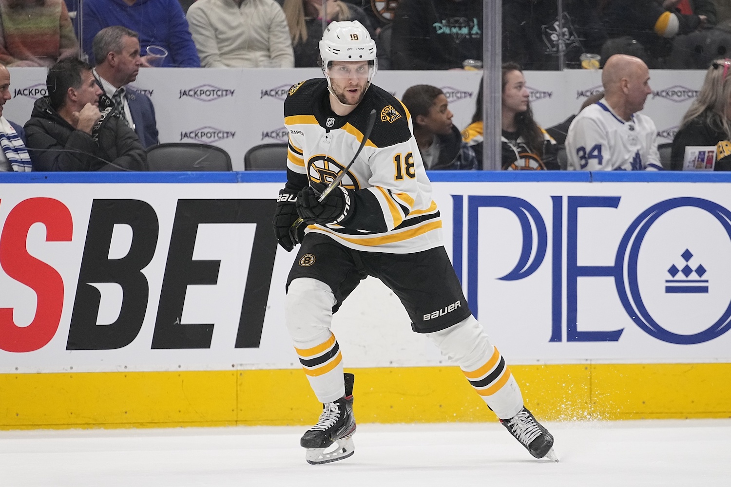 Feb 1, 2023; Toronto, Ontario, CAN; Boston Bruins forward Pavel Zacha (18) skates against the Toronto Maple Leafs during the third period at Scotiabank Arena. Mandatory Credit: John E. Sokolowski/USA TODAY Sports