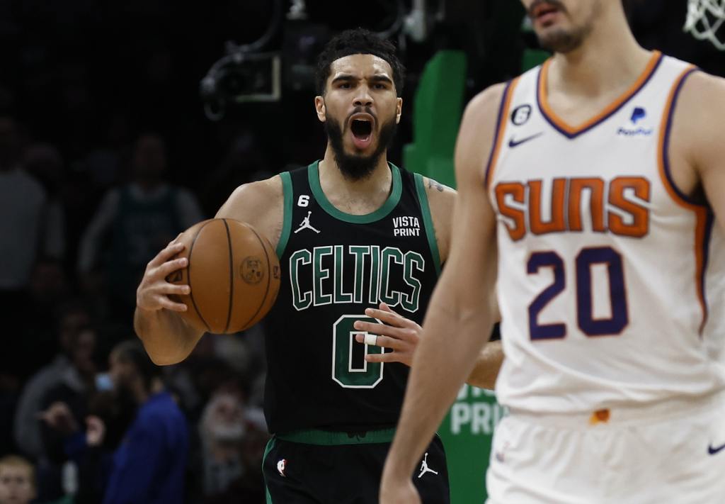 Feb 3, 2023; Boston, Massachusetts, USA; Boston Celtics forward Jayson Tatum (0) shouts at a referee after being called for a technical foul against the Phoenix Suns during the second quarter at TD Garden. Mandatory Credit: Winslow Townson/USA TODAY Sports