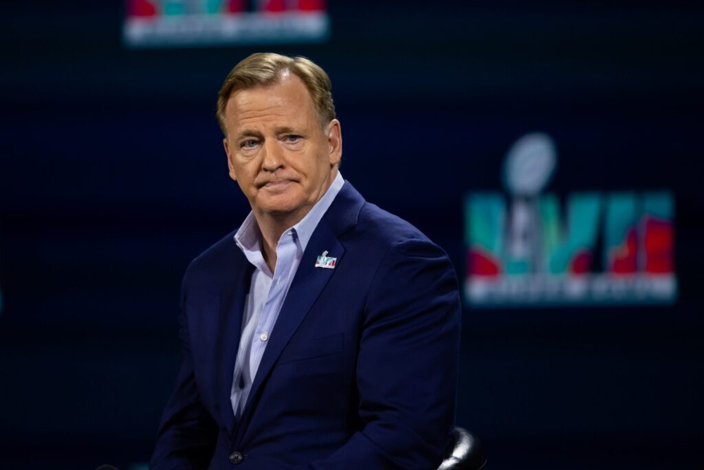 Feb 8, 2023; Phoenix, AZ, USA; NFL commissioner Roger Goodell speaks to the media during a press conference at Phoenix Convention Center prior to Super Bowl LVII. Credit: Mark J. Rebilas-USA TODAY Sports