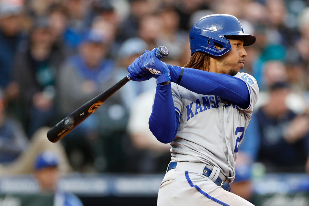 SEATTLE, WASHINGTON - APRIL 23: Adalberto Mondesi #27 of the Kansas City Royals at bat against the Seattle Mariners at T-Mobile Park on April 23, 2022 in Seattle, Washington. (Photo by Steph Chambers/Getty Images)