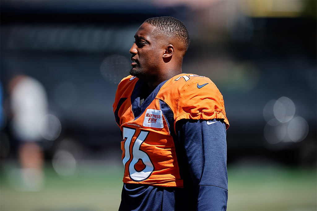 Aug 11, 2022; Englewood, CO, USA; Denver Broncos offensive tackle Calvin Anderson (76) during training camp at the UCHealth Training Center. Mandatory Credit: Isaiah J. Downing-USA TODAY Sports