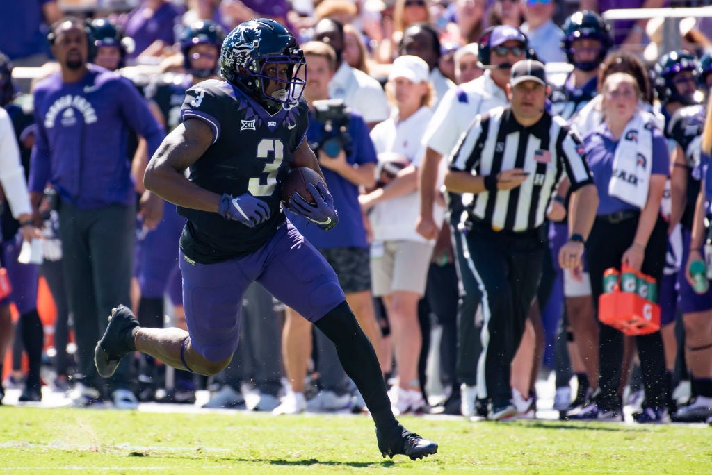 FORT WORTH, TX - OCTOBER 01: Running back Emari Demercado #3 of the TCU Horned Frogs rushes up the field in the first half of TCU's home game against Oklahoma at Amon G. Carter Stadium on October 1, 2022 in Fort Worth, Texas. (Photo by Emil Lippe/Getty Images)