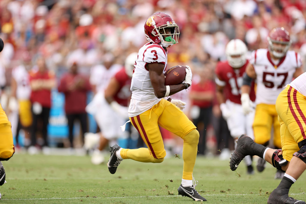 STANFORD, CALIFORNIA - SEPTEMBER 10: Jordan Addison #3 of the USC Trojans runs in for a touchdown against the Stanford Cardinal in the first half at Stanford Stadium on September 10, 2022 in Stanford, California. (Photo by Ezra Shaw/Getty Images)
