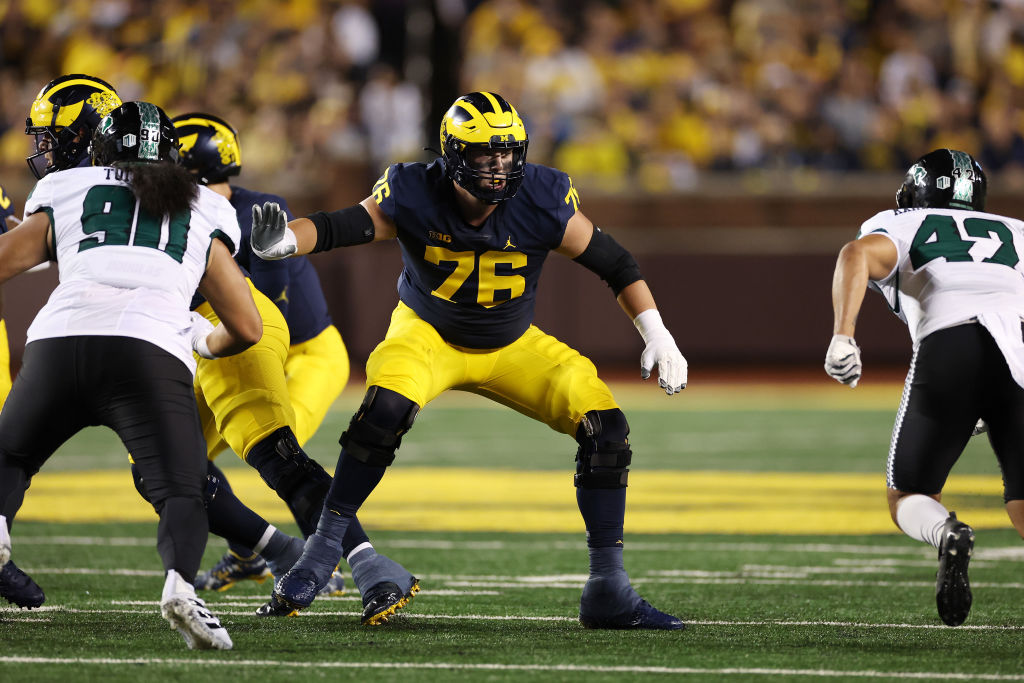 ANN ARBOR, MICHIGAN - SEPTEMBER 10: Ryan Hayes #76 of the Michigan Wolverines plays against the Hawaii Warriors at Michigan Stadium on September 10, 2022 in Ann Arbor, Michigan. (Photo by Gregory Shamus/Getty Images)