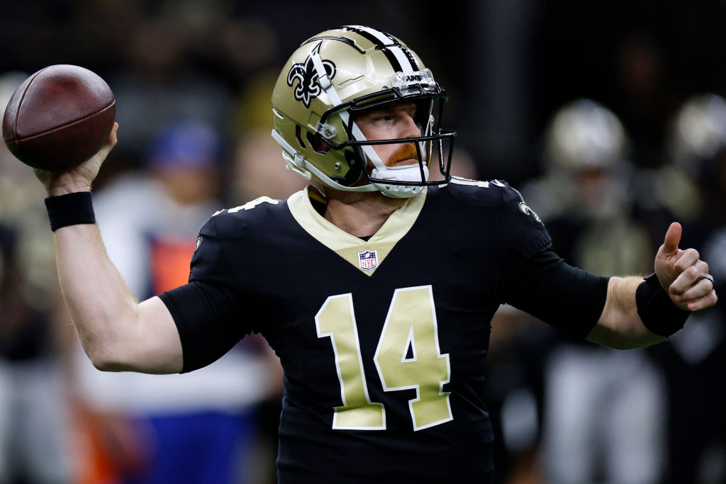 NEW ORLEANS, LOUISIANA - JANUARY 08: Andy Dalton #14 of the New Orleans Saints throws the ball during the third quarter against the Carolina Panthers at Caesars Superdome on January 08, 2023 in New Orleans, Louisiana. (Photo by Chris Graythen/Getty Images)