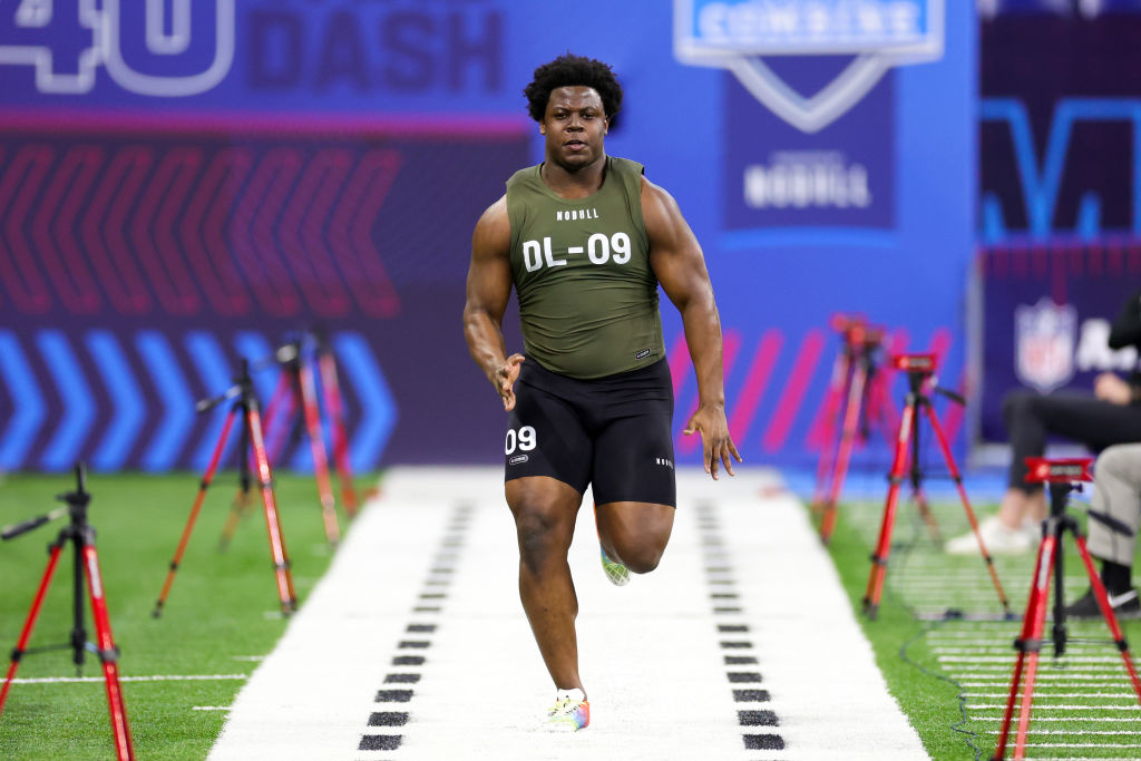 INDIANAPOLIS, INDIANA - MARCH 02: Defensive lineman Calijah Kancey of Pittsburgh participates in the 40-yard dash during the NFL Combine at Lucas Oil Stadium on March 02, 2023 in Indianapolis, Indiana. (Photo by Stacy Revere/Getty Images)