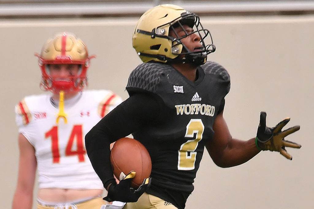 The Wofford Terriers take on VMI during football action at Gibbs Stadium in Spartanburg Saturday afternoon, March 27, 2021. Wofford wide receiver T.J. Luther (2) runs the ball across the field for a touchdown in the first minute of the game. (Tim Kimzey via Imagn Content Services, LLC)