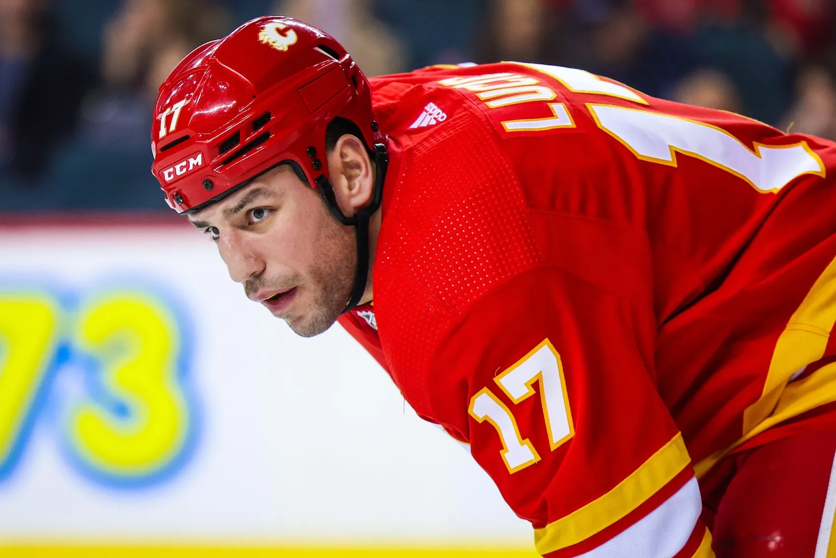 Dec 11, 2021; Calgary, Alberta, CAN; Calgary Flames left wing Milan Lucic (17) against the Boston Bruins during the second period at Scotiabank Saddledome. Mandatory Credit: Sergei Belski/USA TODAY Sports