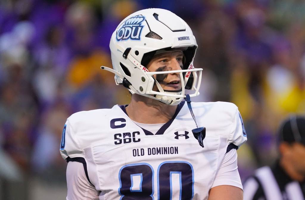 Sep 10, 2022; Greenville, North Carolina, USA;  Old Dominion Monarchs tight end Zack Kuntz (80) looks on against the East Carolina Pirates during the first half at Dowdy-Ficklen Stadium. Credit: James Guillory-USA TODAY Sports