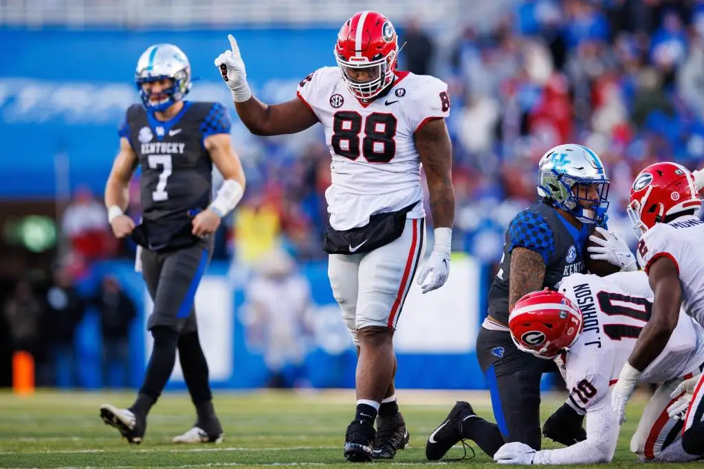 Nov 19, 2022; Lexington, Kentucky, USA; Georgia Bulldogs defensive lineman Jalen Carter (88) celebrates during the second quarter against the Kentucky Wildcats at Kroger Field. Credit: Jordan Prather-USA TODAY Sports