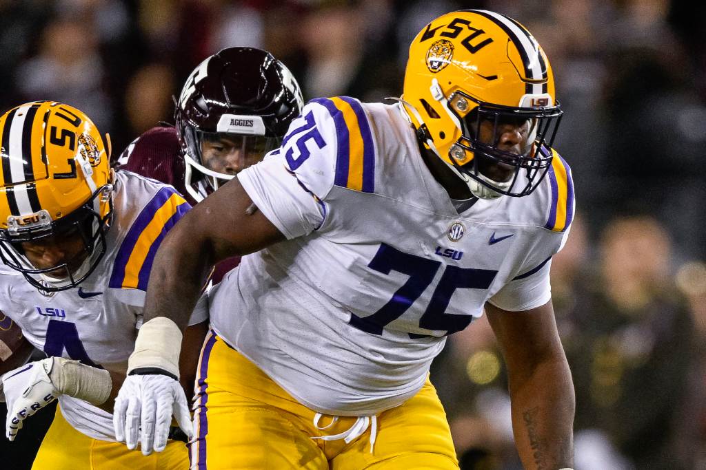 Nov 26, 2022; College Station, Texas, USA; LSU Tigers offensive lineman Anthony Bradford (75) in action during the game between the Texas A&M Aggies and the LSU Tigers at Kyle Field. Credit: Jerome Miron-USA TODAY Sports
