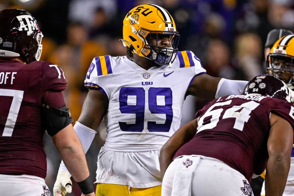 Nov 26, 2022; College Station, Texas, USA; LSU Tigers defensive tackle Jaquelin Roy (99) in action during the game between the Texas A&M Aggies and the LSU Tigers at Kyle Field. Credit: Jerome Miron-USA TODAY Sports