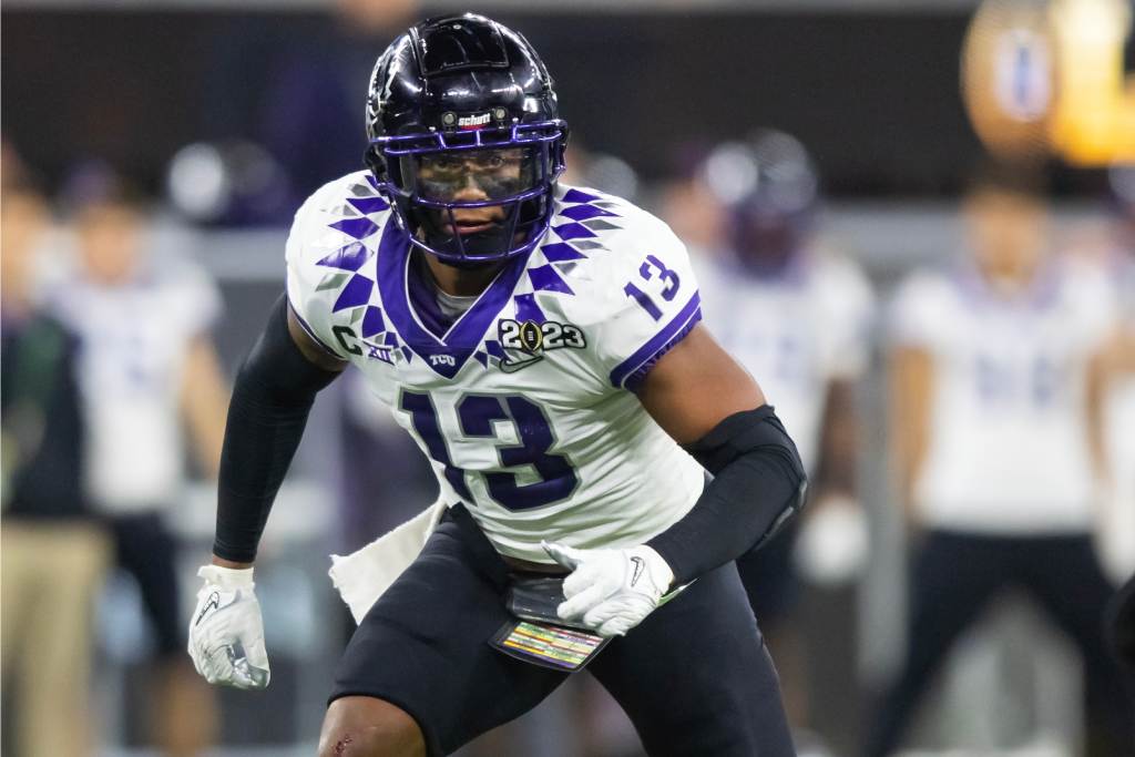 Jan 9, 2023; Inglewood, CA, USA; TCU Horned Frogs linebacker Dee Winters (13) against the Georgia Bulldogs during the CFP national championship game at SoFi Stadium. Credit: Mark J. Rebilas-USA TODAY Sports