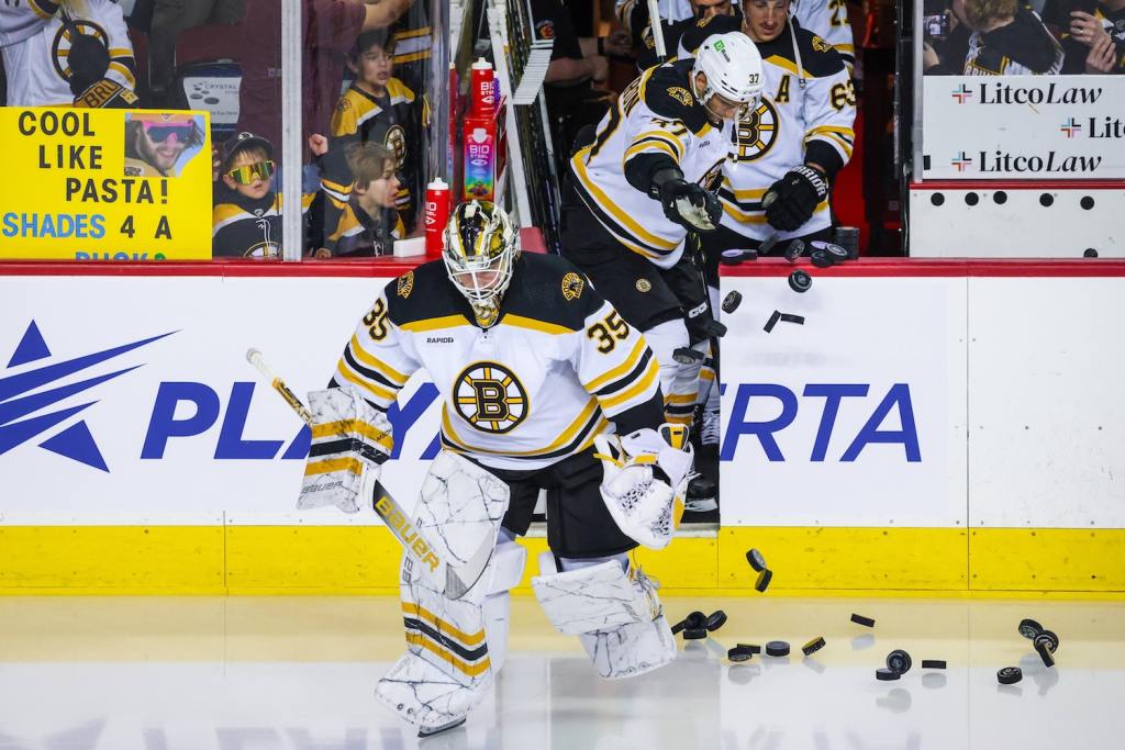 Feb 28, 2023; Calgary, Alberta, CAN; Boston Bruins goaltender Linus Ullmark (35) takes the ice during the warmup period against the Calgary Flames at Scotiabank Saddledome. Mandatory Credit: Sergei Belski/USA TODAY Sports